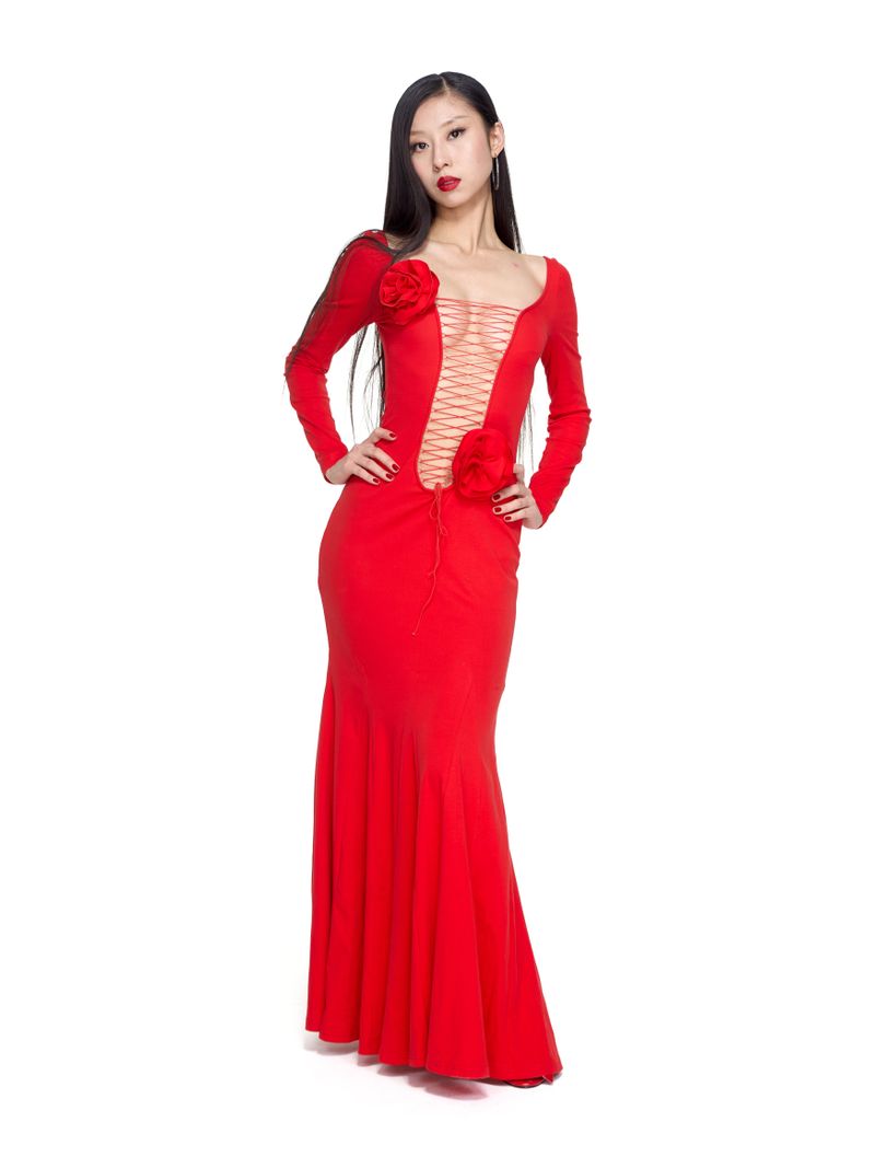 HuDieGongZhu（HuDieGongZhu（フーディーゴンジュ））の「Red Reversible Lace-Up Detachable Flower Dress（Dresses）」