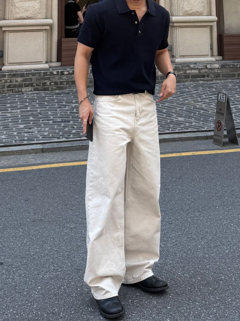Pug herringbone semi-wide pants