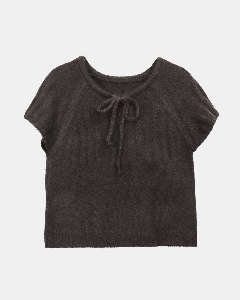 Moon Round-Neck Ribbon Layered Wool Short-Sleeve Knit