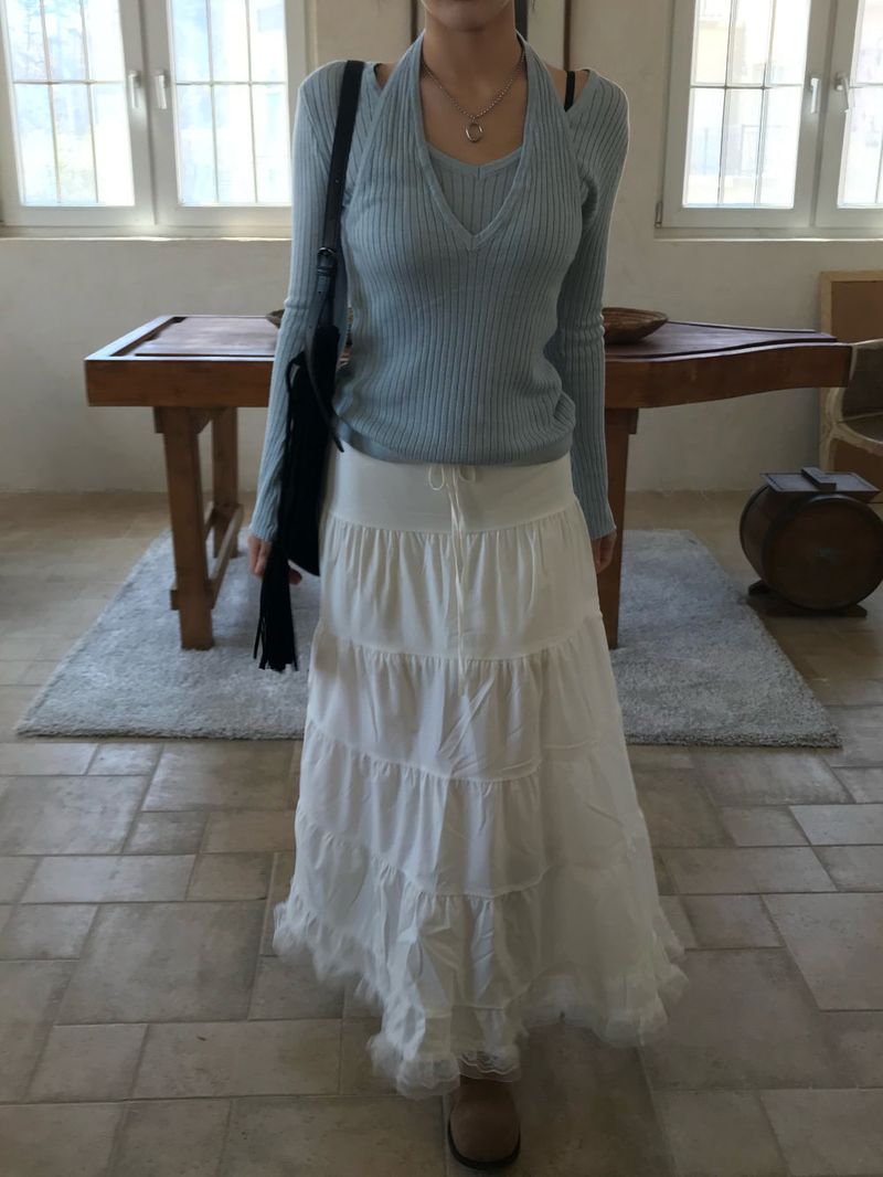 Second Layered Wrap Slim Fit Long Sleeve Rib Knit