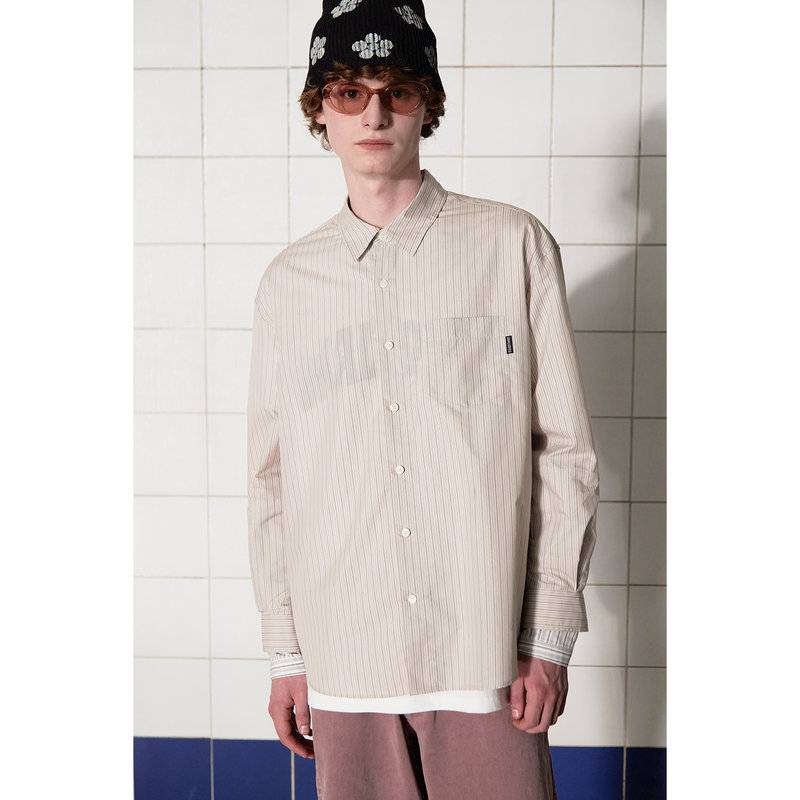 LAYERED CUFFS STRIPE SHIRT / BEIGE