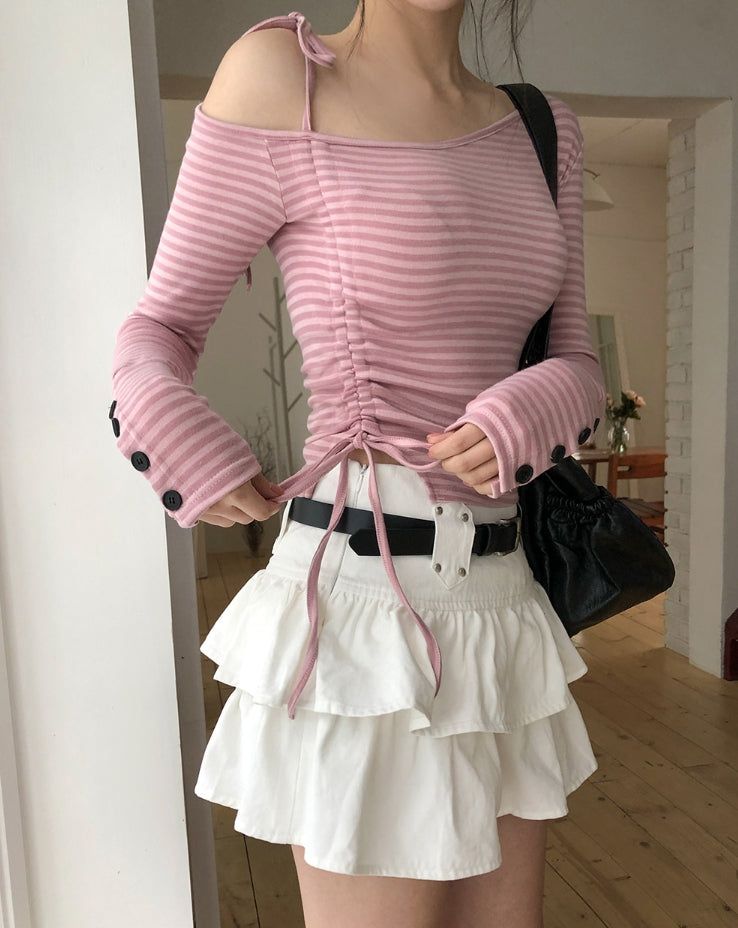 Delitte Stripe Unbalanced Shoulder Long Sleeve