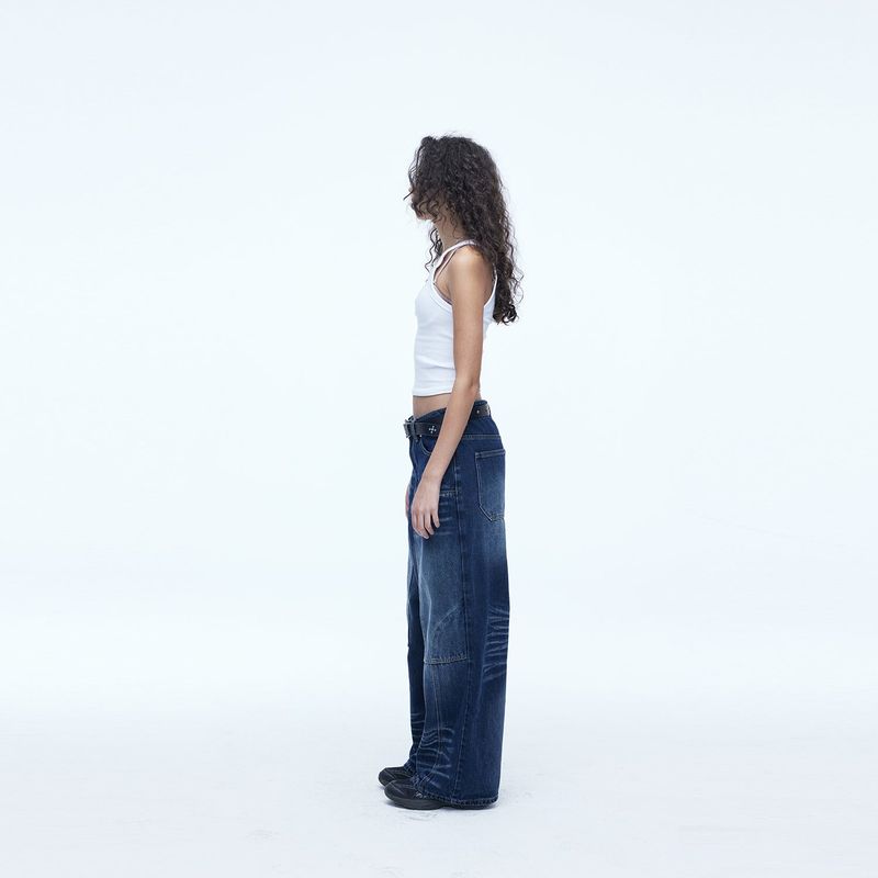Double Knee Carpenter Wide Denim Pants Blue