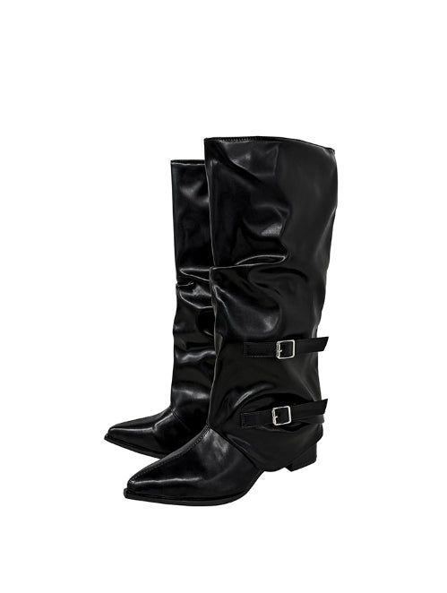 Double Buckle Shirred Stiletto Long Boots