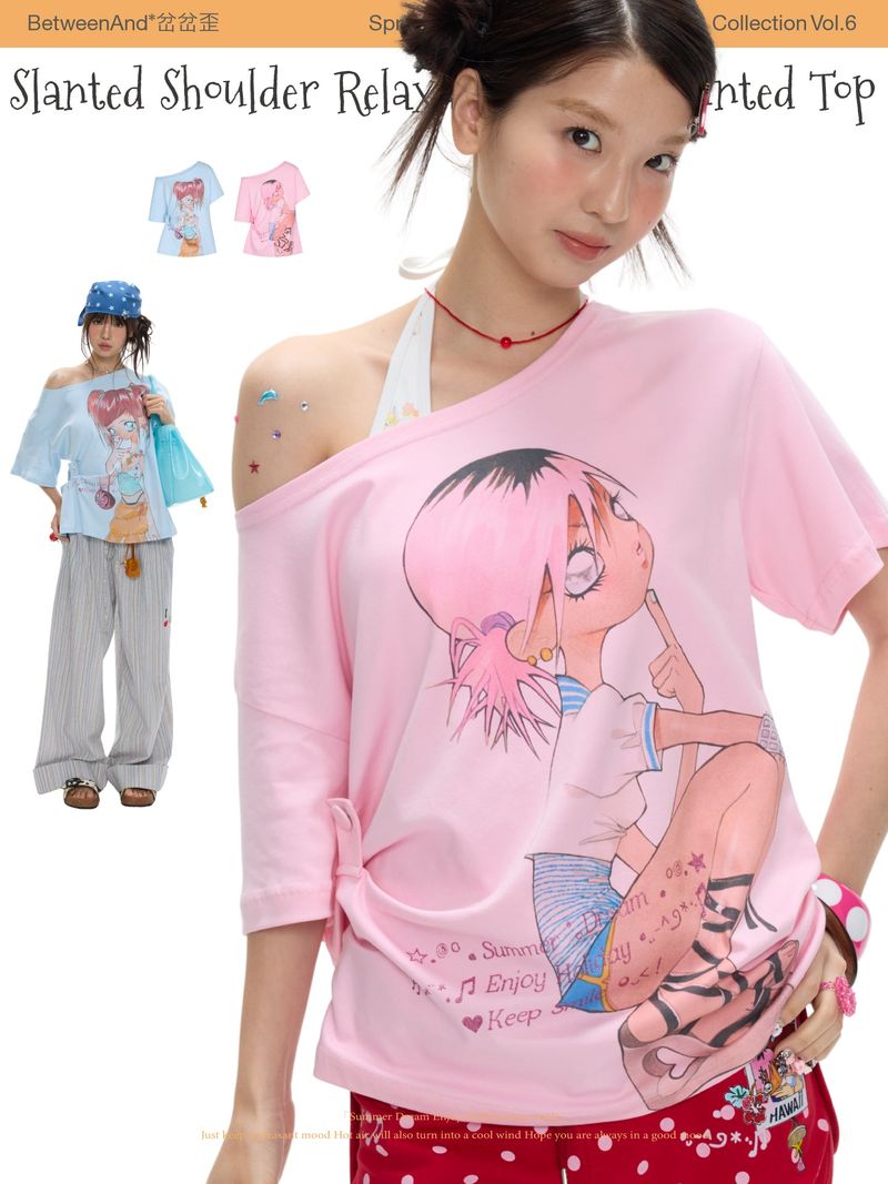 BETWEENAND（ビトゥウィーンアンド）の「BETWEENAND スラウチーショルダー ライトウェイト カートゥーンガール プリント サマー Tシャツ（トップス）」