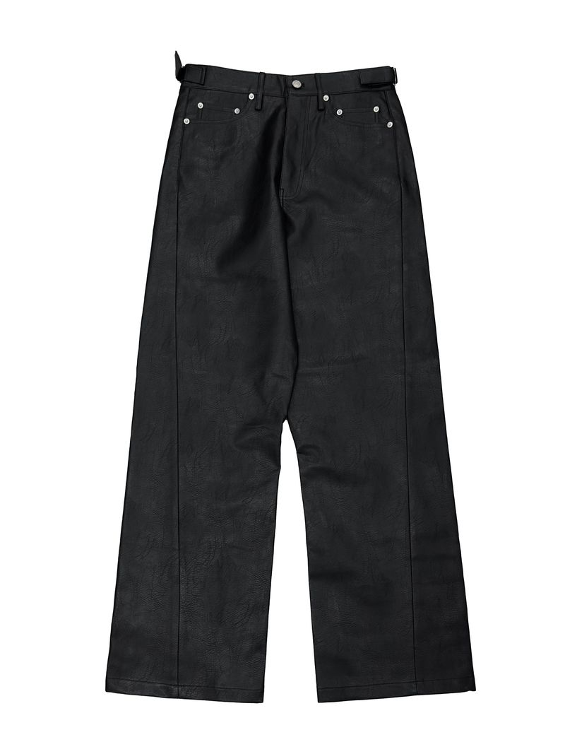 [unisex] side buckle leather wide pants