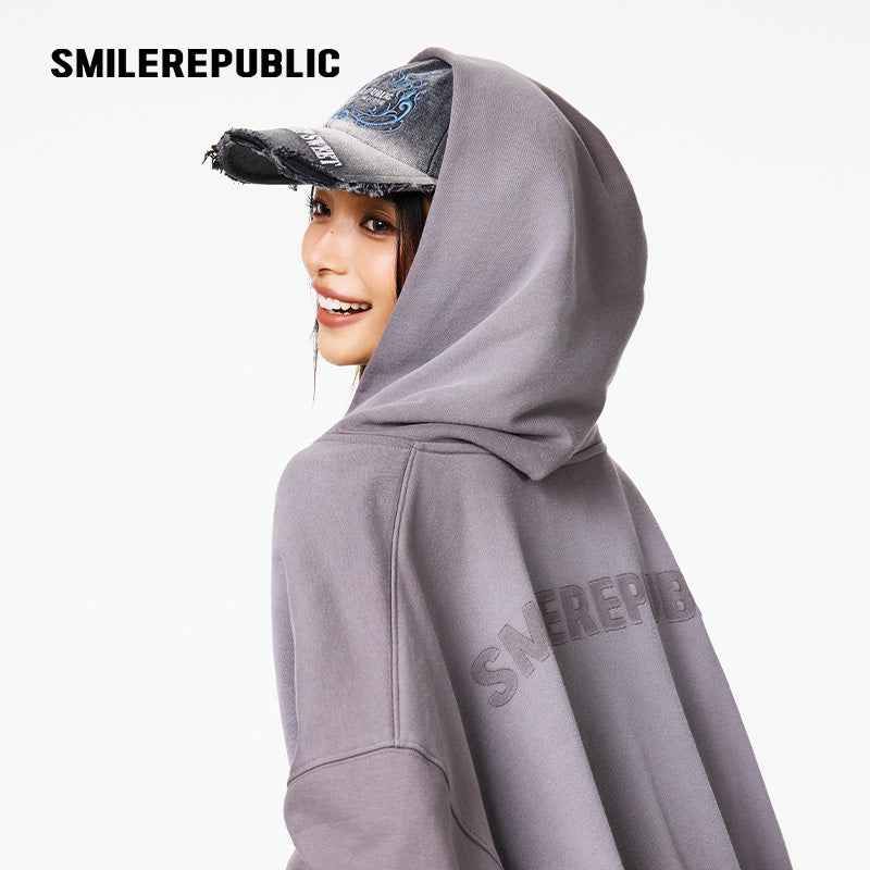 Gray Washed Cotton Distressed Full Zip Hoodie with Tonal Logo and Raw Edge Pockets