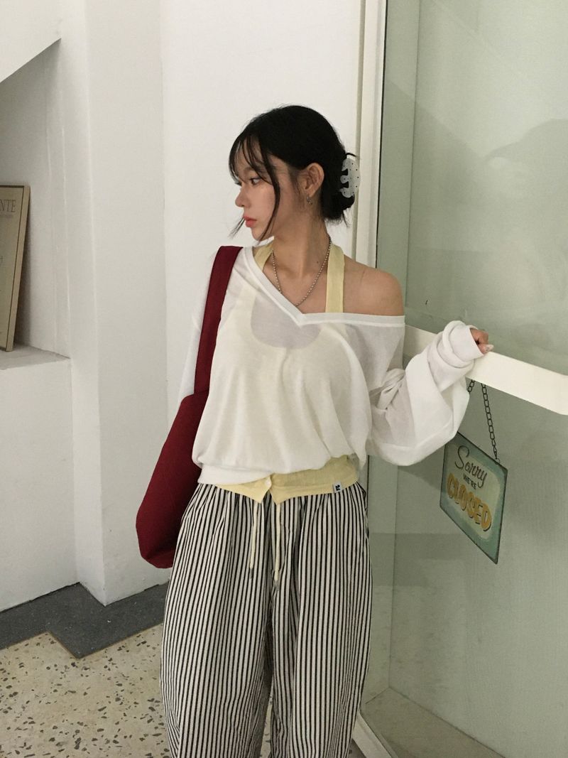 Seersucker striped wide pants (2c)