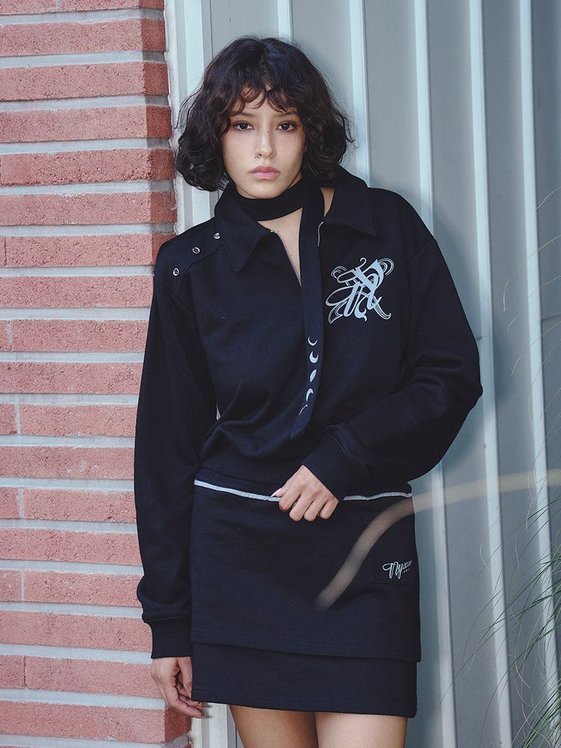 SNAP COLLAR SWEATSHIRT_SCALF SET (BLACK)