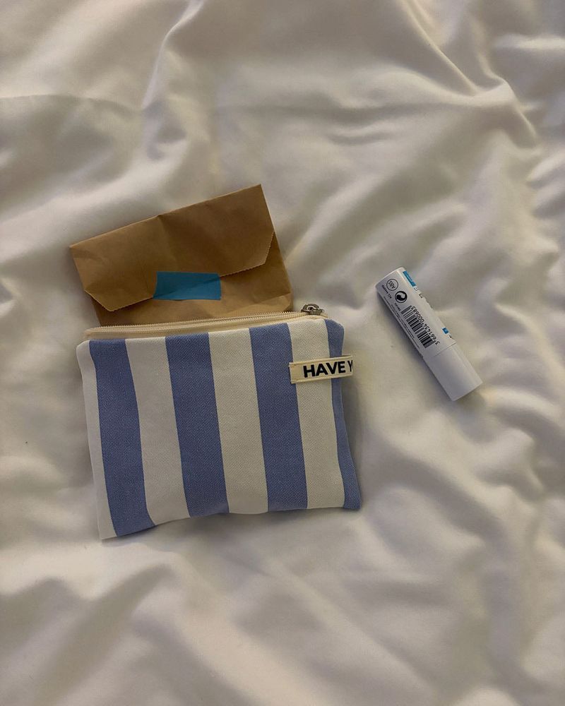 Wide stripe flat pouch - blue , M size