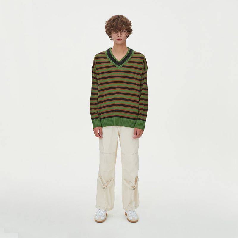 STRIPE V NECK KNIT_GREEN