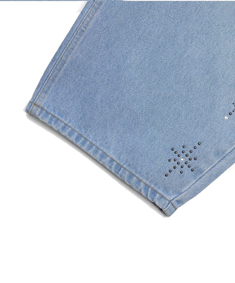 Curved Western Stud Denim Pants - Light Blue