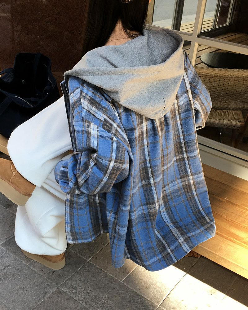[ORIGINAL] Plain Hooded Check Shirt