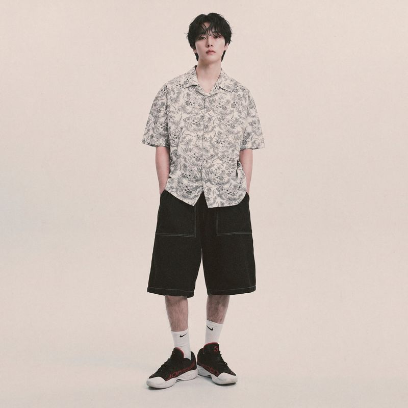 botanical drawing open collar shirt_ivory