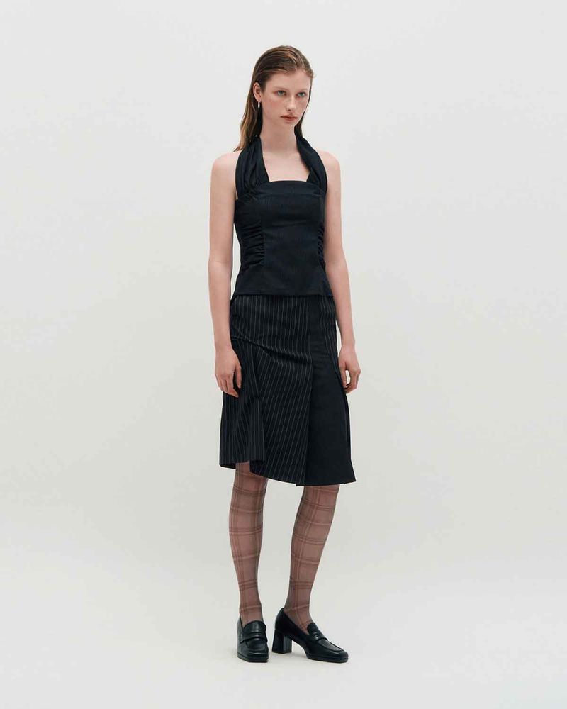 Wide Tie Stripe Halter Top _ BLACK