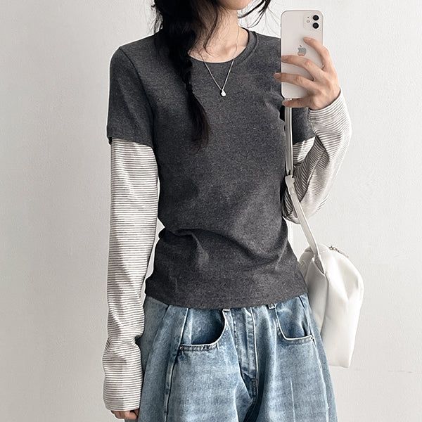 hijjoo（ハイチュー）の「Art Stripe Layered Long Sleeve T-Shirt (5 colors)（Tops）」