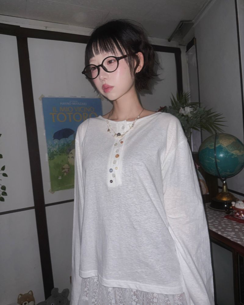 (2color) ミックスアップボタンネックスラブ長袖Tシャツ
