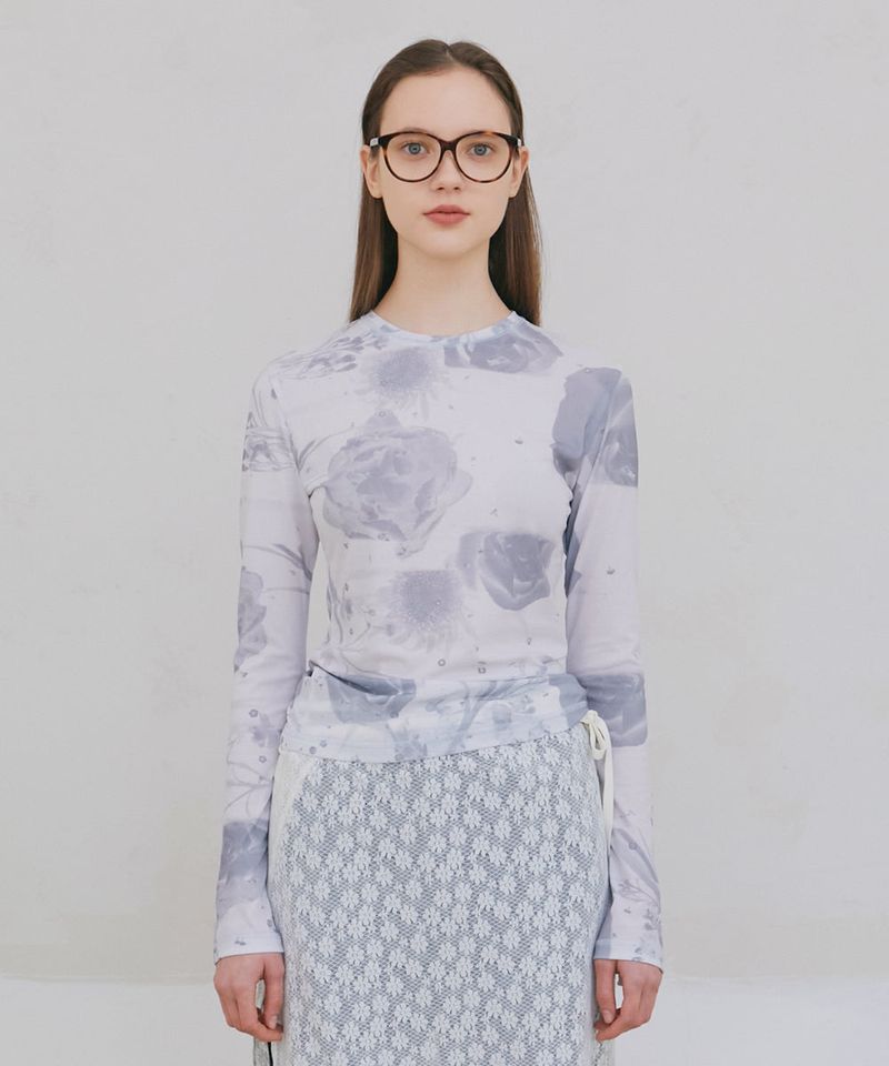 Flower Photo Printed Top - Grey