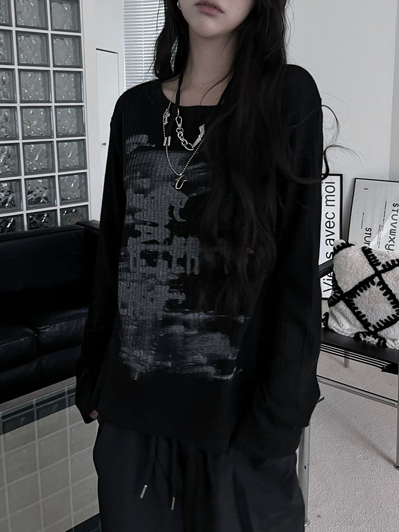 printed ribbed long sleeves (2color)