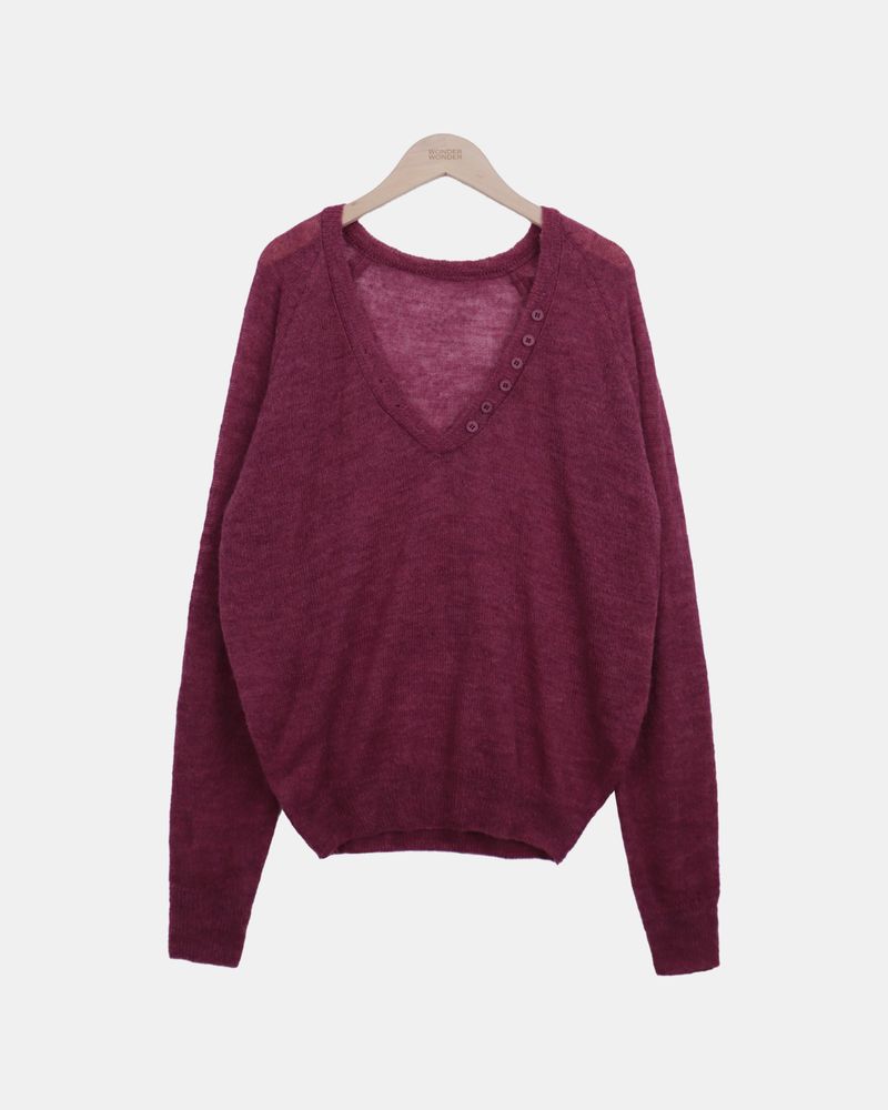 Diang Deep V-Neck Button Mohair Long-Sleeve Knit
