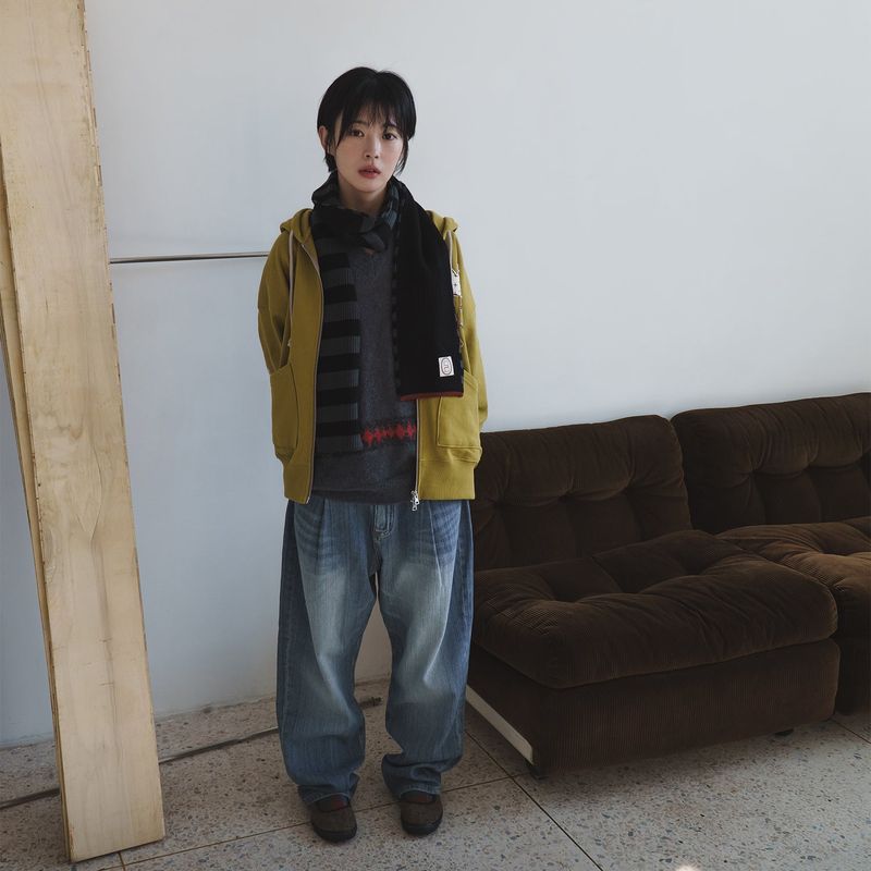 Striped knit muffler / Black charcoal