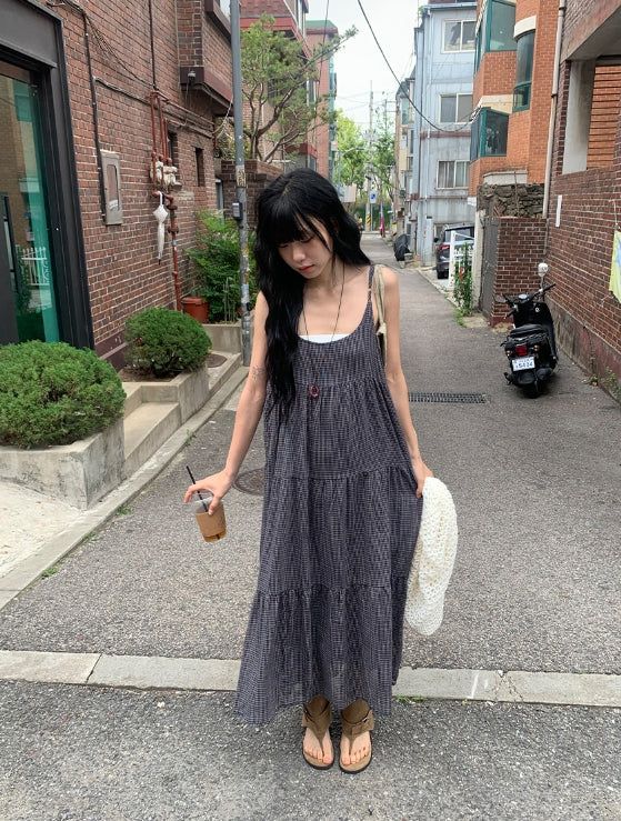 BAON(バオン)の「Ume Check Tiered Long Sleeveless Bustier One Piece (Adjustable Straps)(Dresses)」