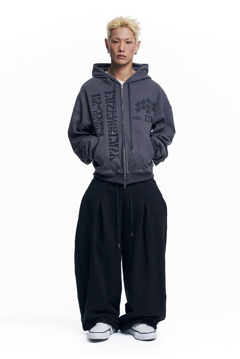 Marine Crack Print Hooded Zip-Up - Charcoal