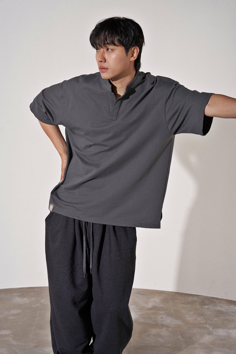 S-C OPEN HENLEY-NECK 1/2 TEE (Charcoal)
