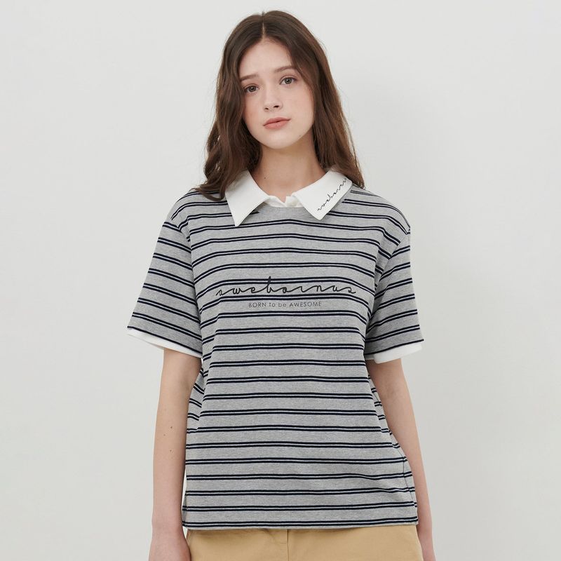 AWE BORN US（アボンアス）の「STRIPE LOGO T-SHIRT [GRAY]（Tops）」