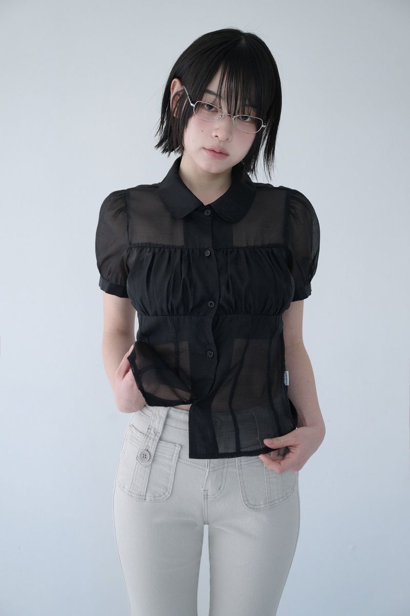 SHIRRING SHEER BLOUSE BLACK