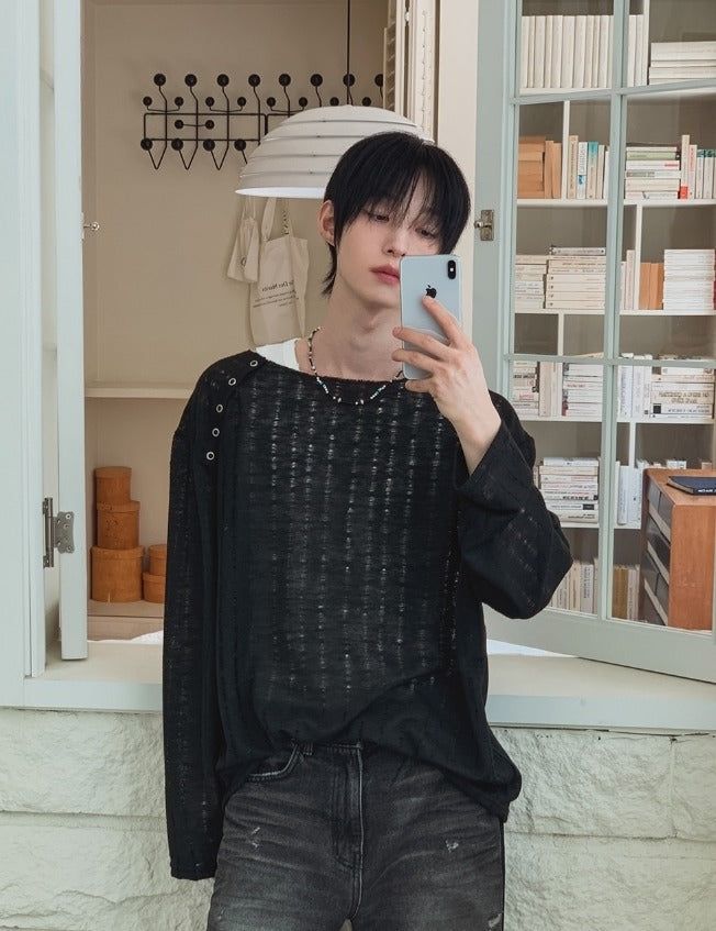 26SS★ [PLAN MADE/MADE] Slant Snap Damaged Knit