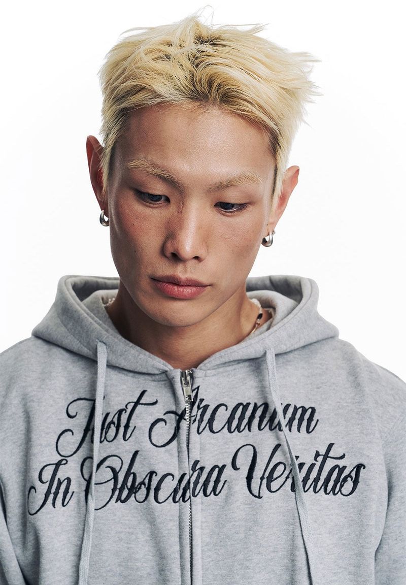 Lettering Embroidered Hoodie Zip-Up - Gray