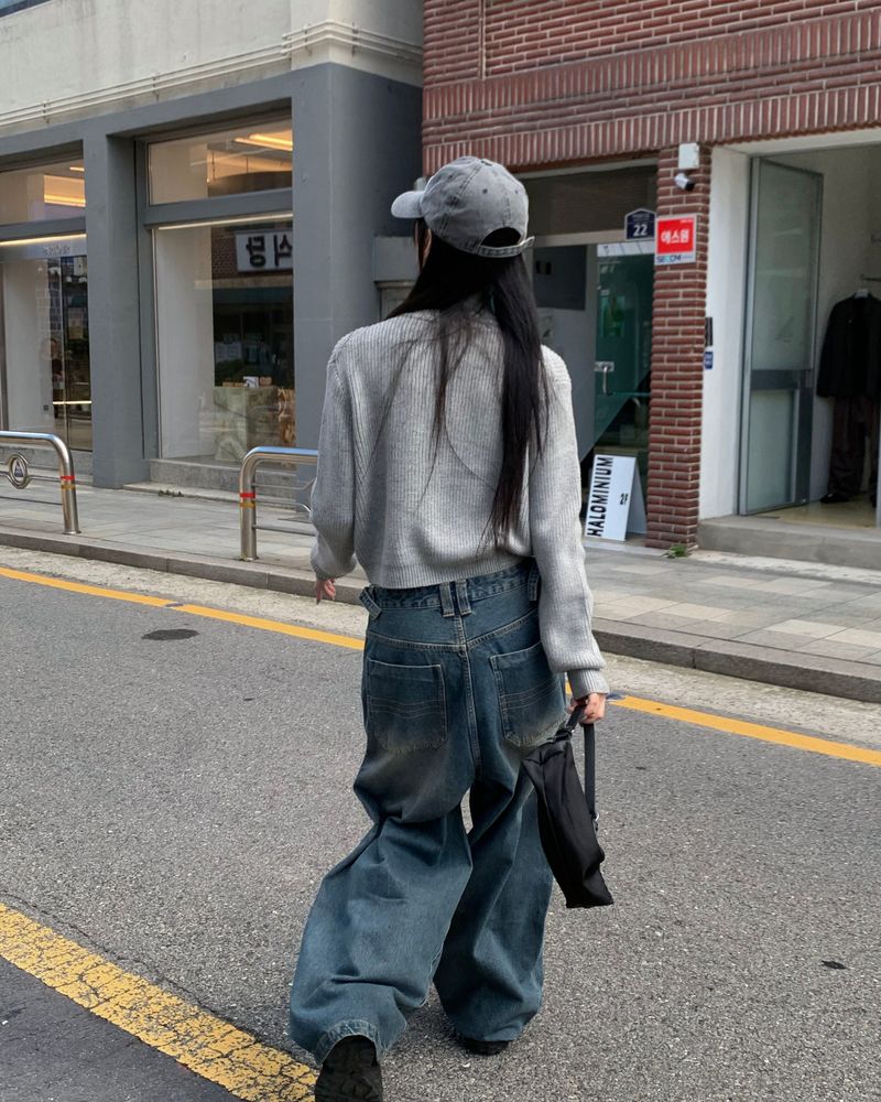 (Unisex) ボタンダメージデニムパンツ