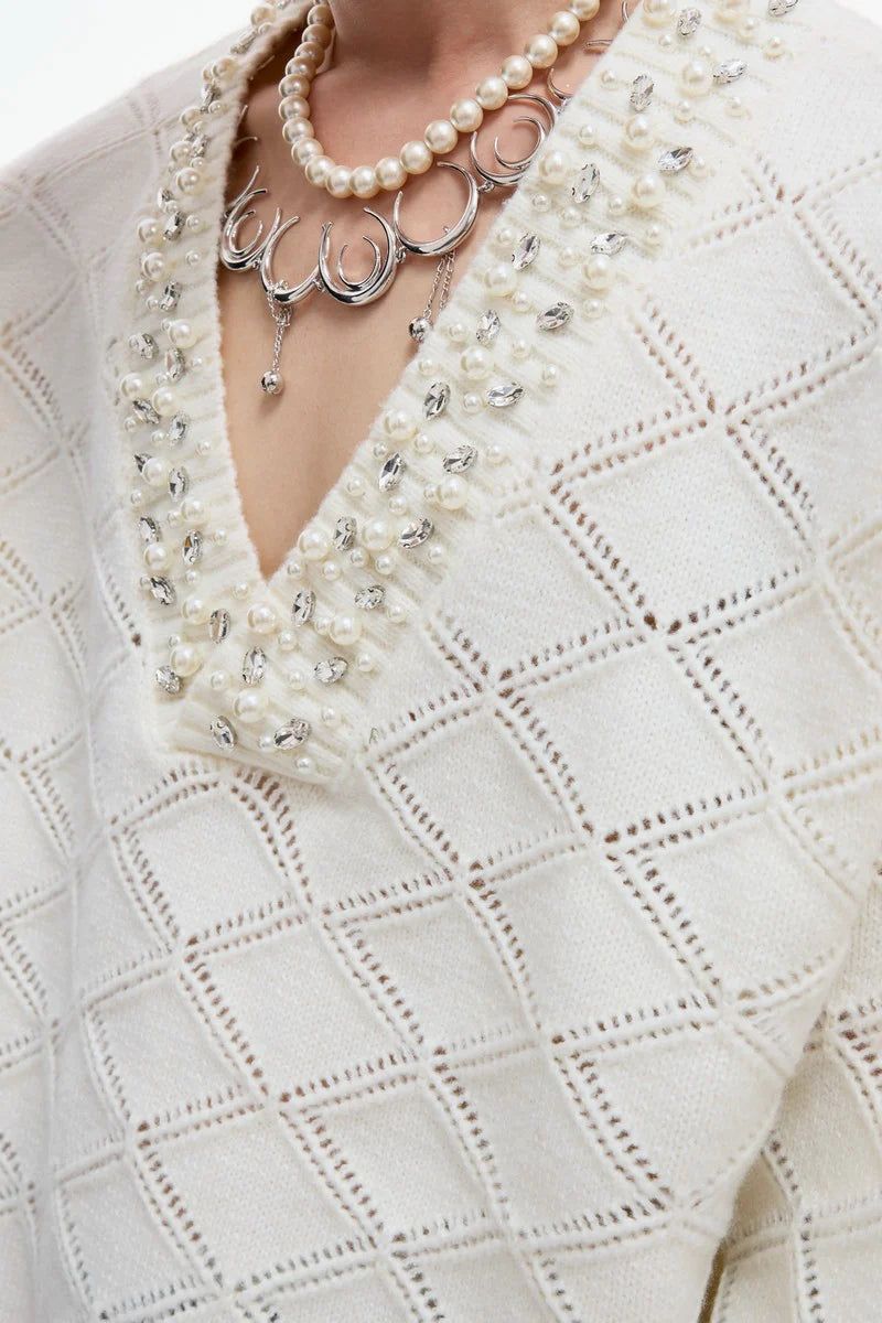 Rhinestone Diamond Knit V-Neck Sweater