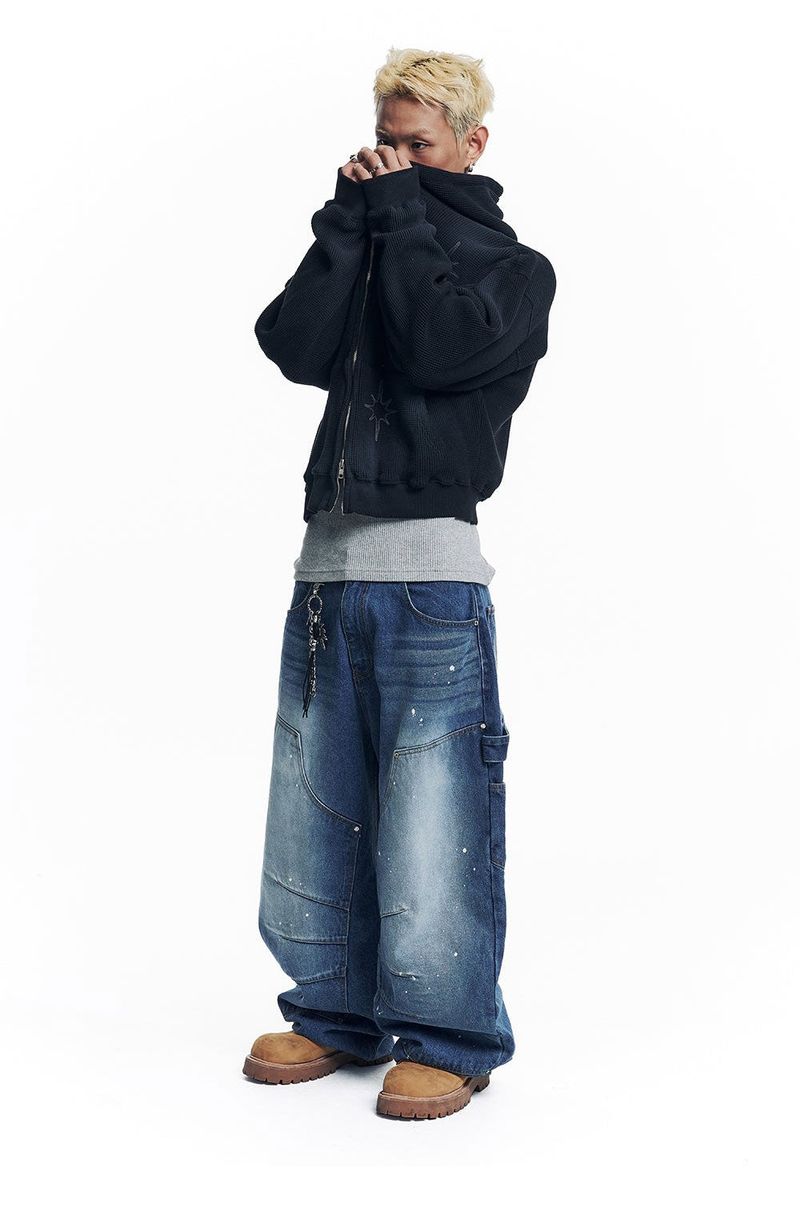 Curved Double Knee Denim Pants - Deep Blue