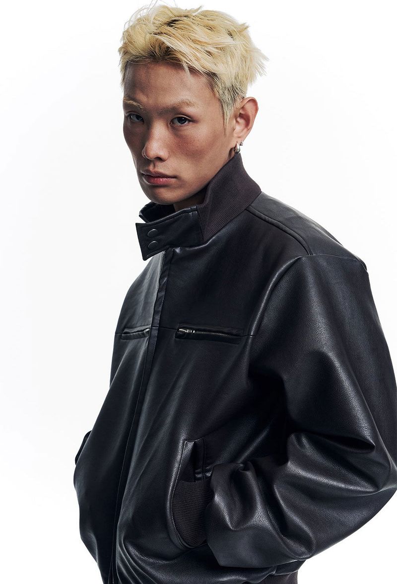 High Neck Leather Crop Jacket - Brown