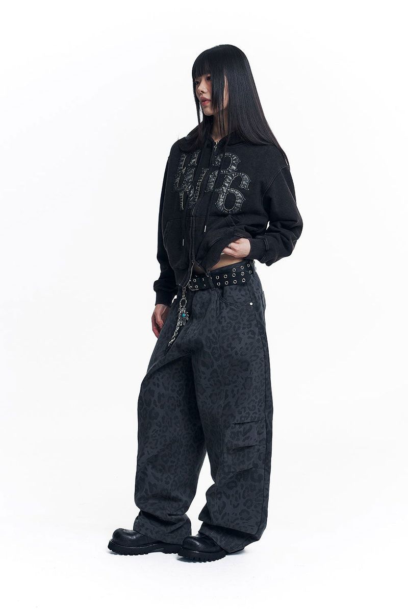 Curved Leopard Pants - Charcoal