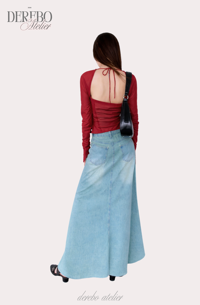 red square chiffon long-sleeve blouse