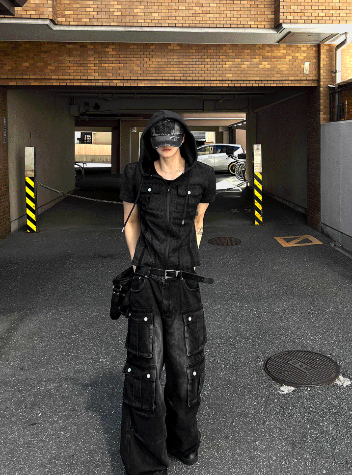 ウォッシュドブラックマルチカーゴデニム