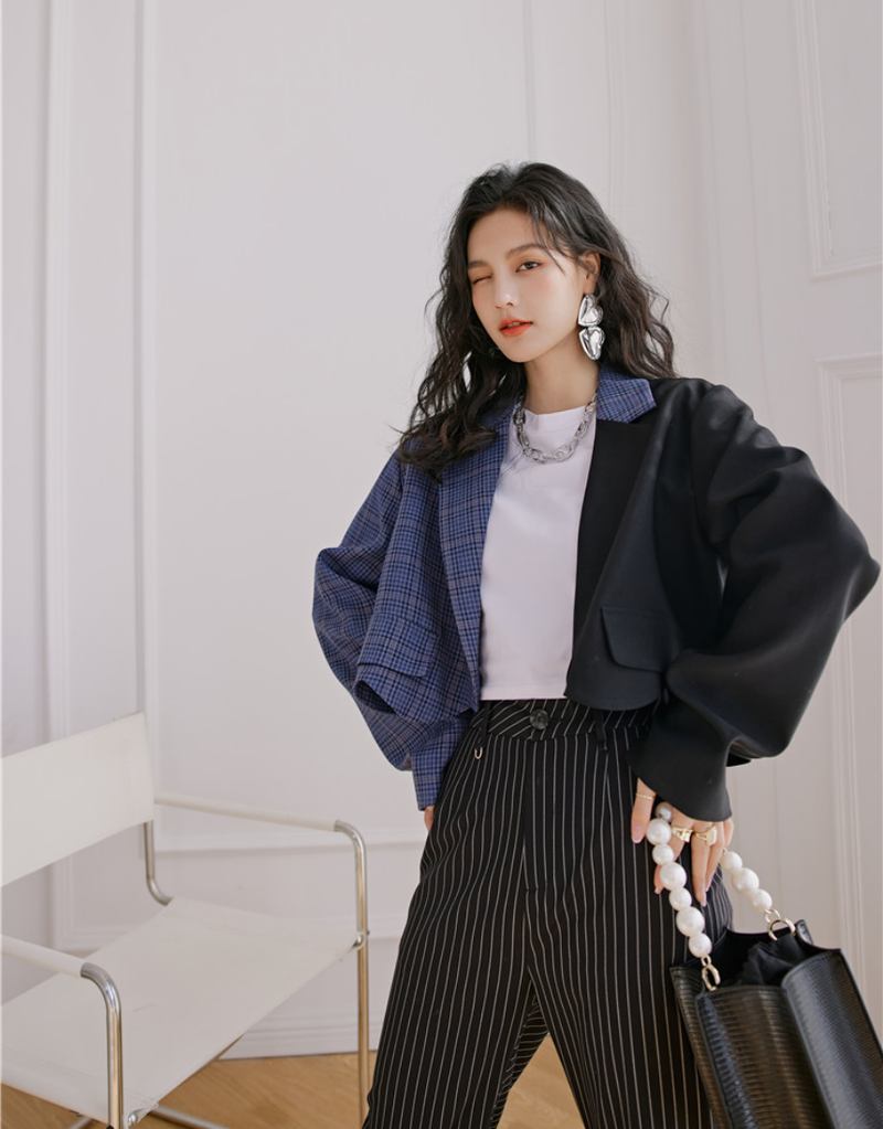 Blue check pattern unbalanced tailored short jacket