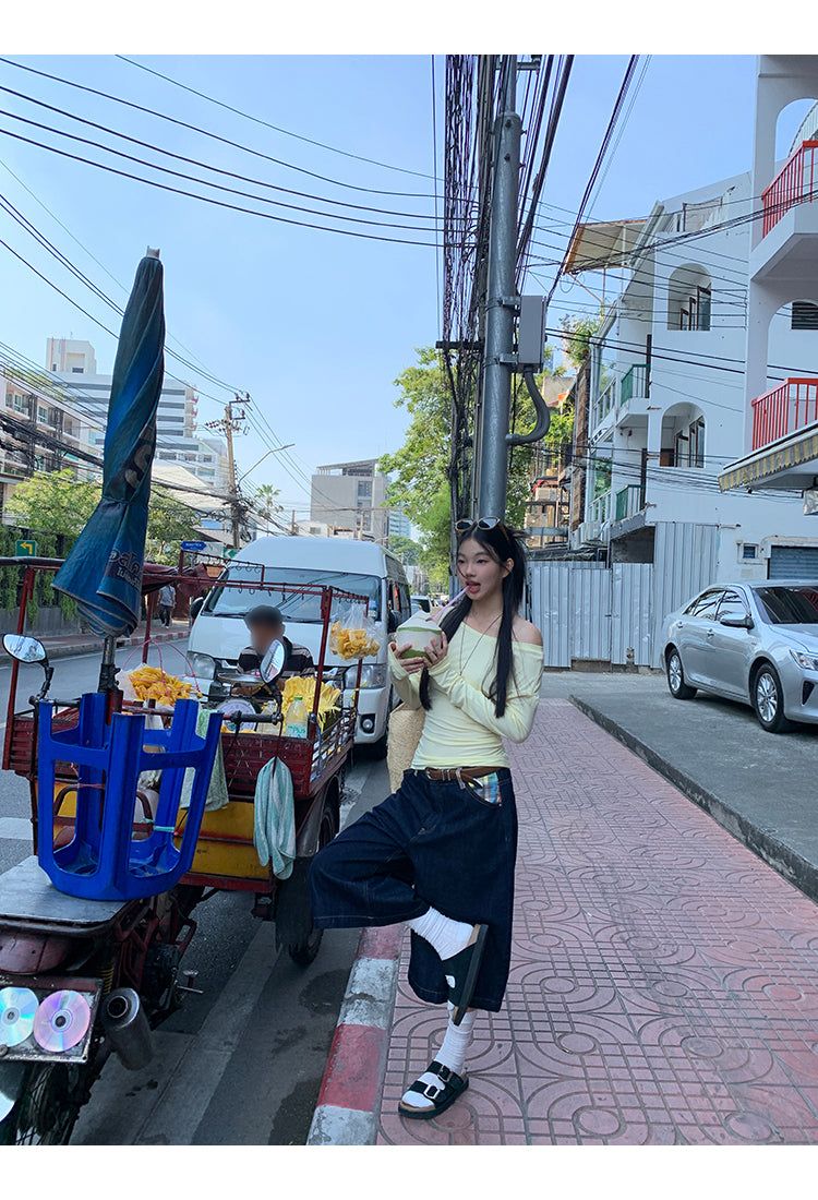 Checked pocket dark blue wide cropped denim