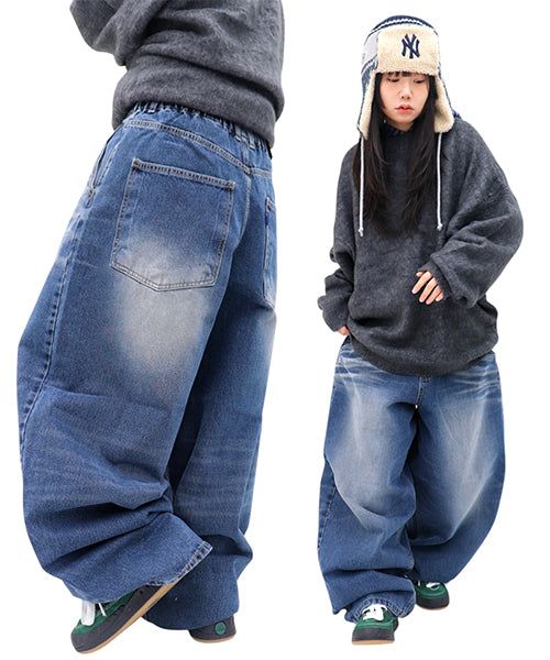 Wide Vintage-Washed Denim Balloon Pants