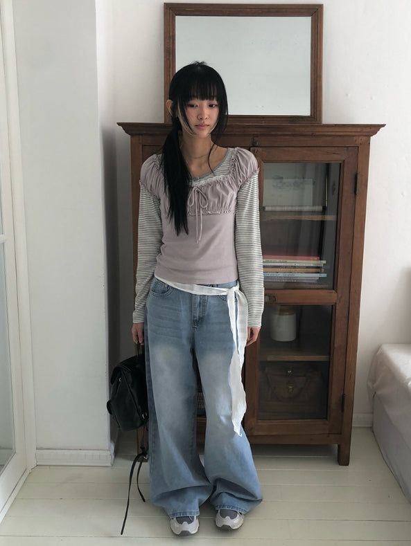 デトシャーリングハートネックレースリボン半袖Tシャツ