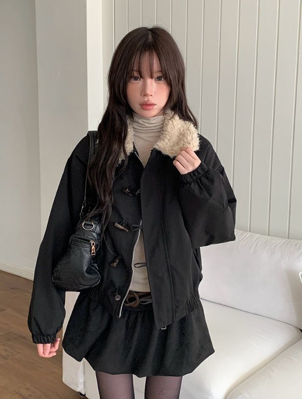 Ohe Wool Collar Duffle Quilting Padding Cotton Jacket