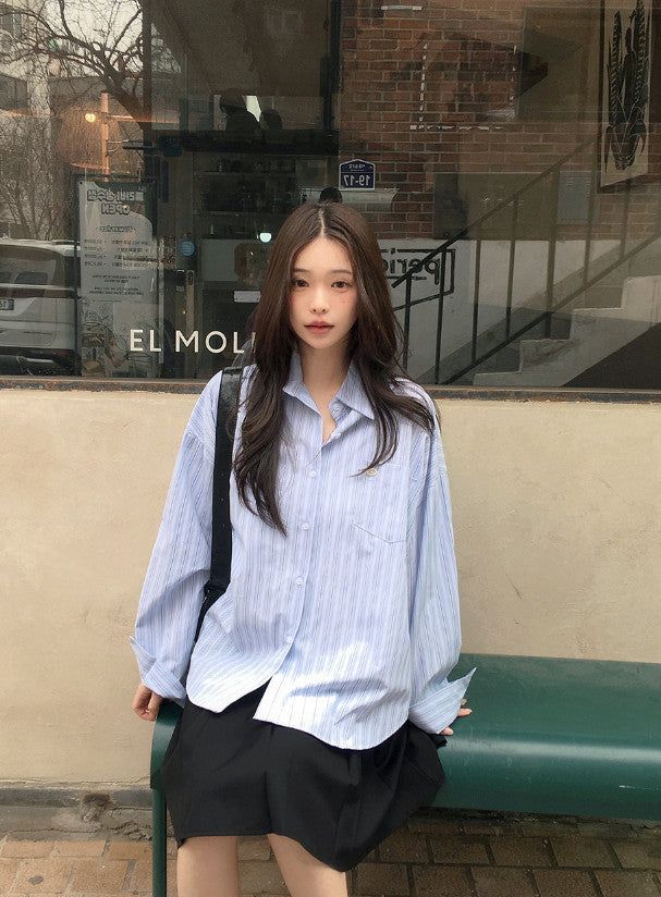 Today Loose Button Wrap Stripe Shirt (3color)
