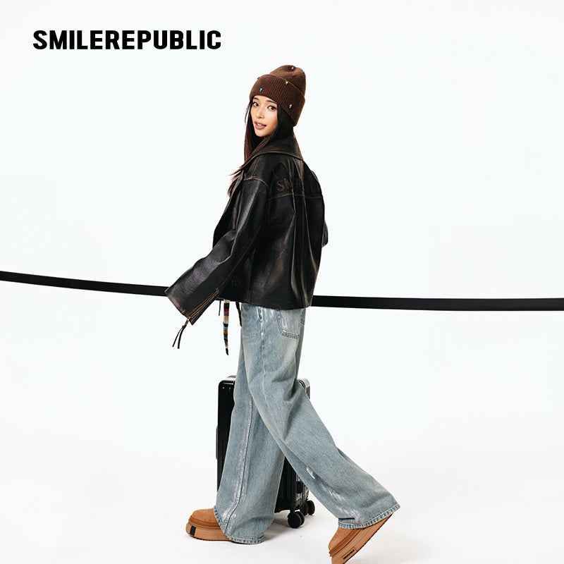 Brown Distressed PU Coated Faux Leather Oversized Asymmetrical Zip Jacket with Logo Back