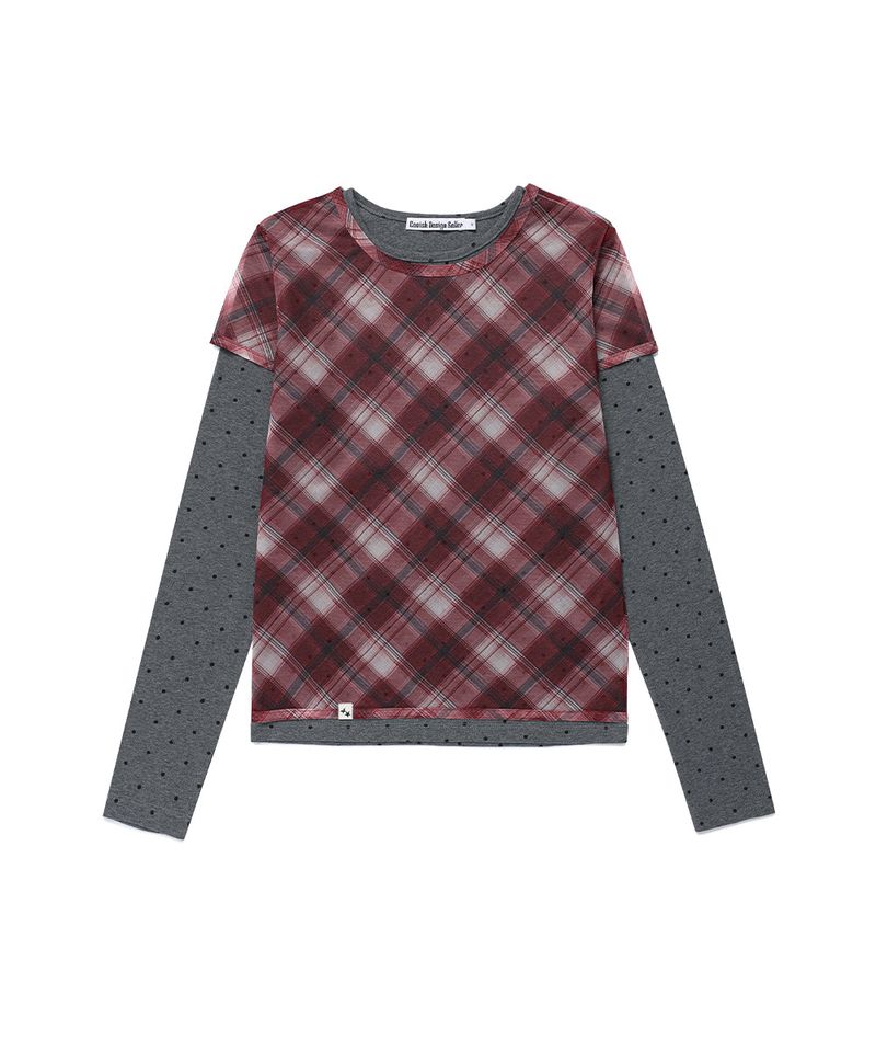 SHEER CHECK LAYERED LS TEE BURGUNDY(CV2GFFT557A)