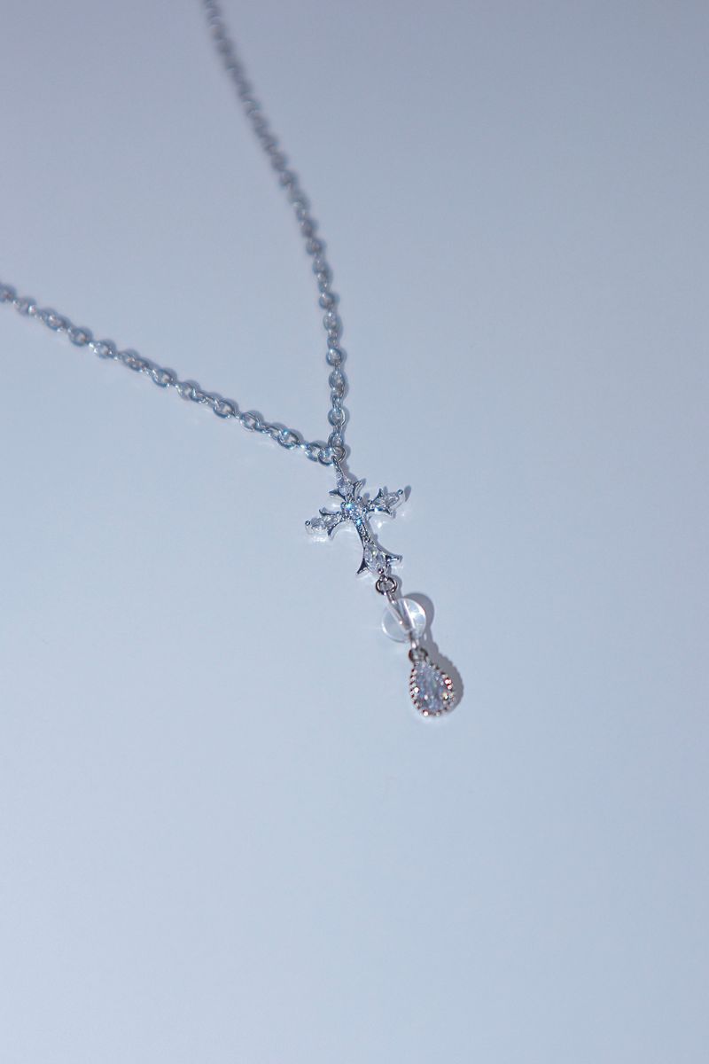 cross water drop transparent gemstone necklace