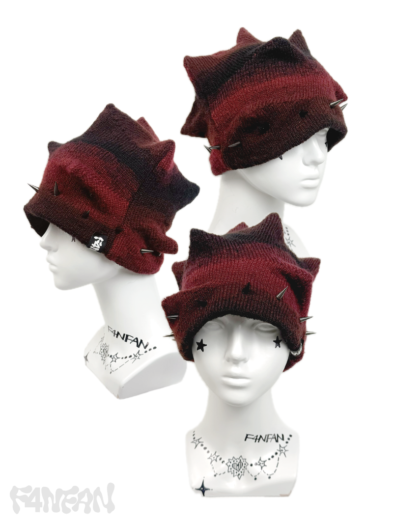 RED&BLACK Punk Spiky Textured Knit Beanie Studded Brim