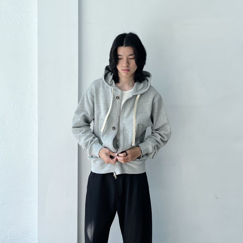 Button Detail Thick Drawstring Zip Hoodie